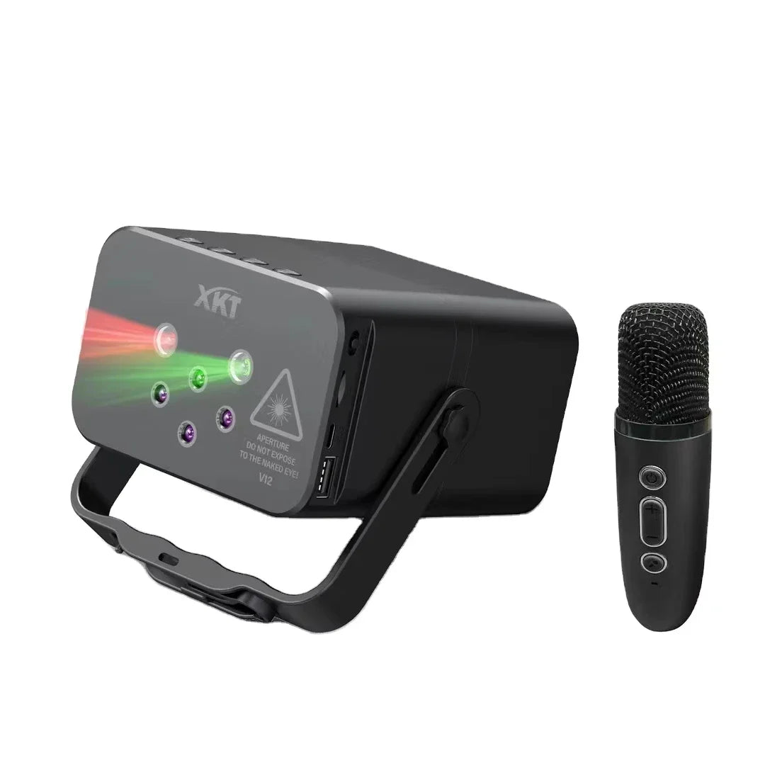 Haut-Parleur Portable XKT V12 Mini Party Light & Karaoké - Son Puissant & Lumières Laser RGB/UV avec Micros Inclus