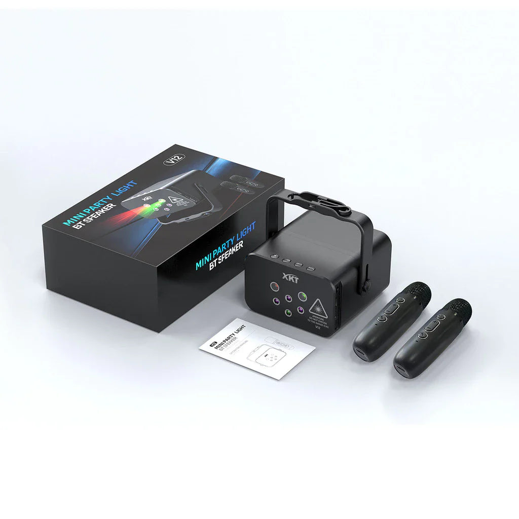 Haut-Parleur Portable XKT V12 Mini Party Light & Karaoké - Son Puissant & Lumières Laser RGB/UV avec Micros Inclus