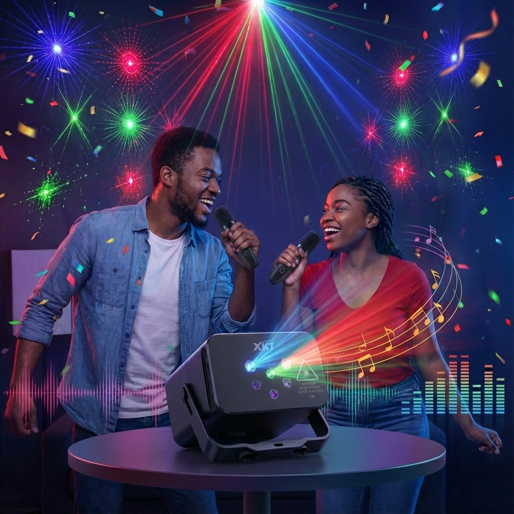Haut-Parleur Portable XKT V12 Mini Party Light & Karaoké - Son Puissant & Lumières Laser RGB/UV avec Micros Inclus