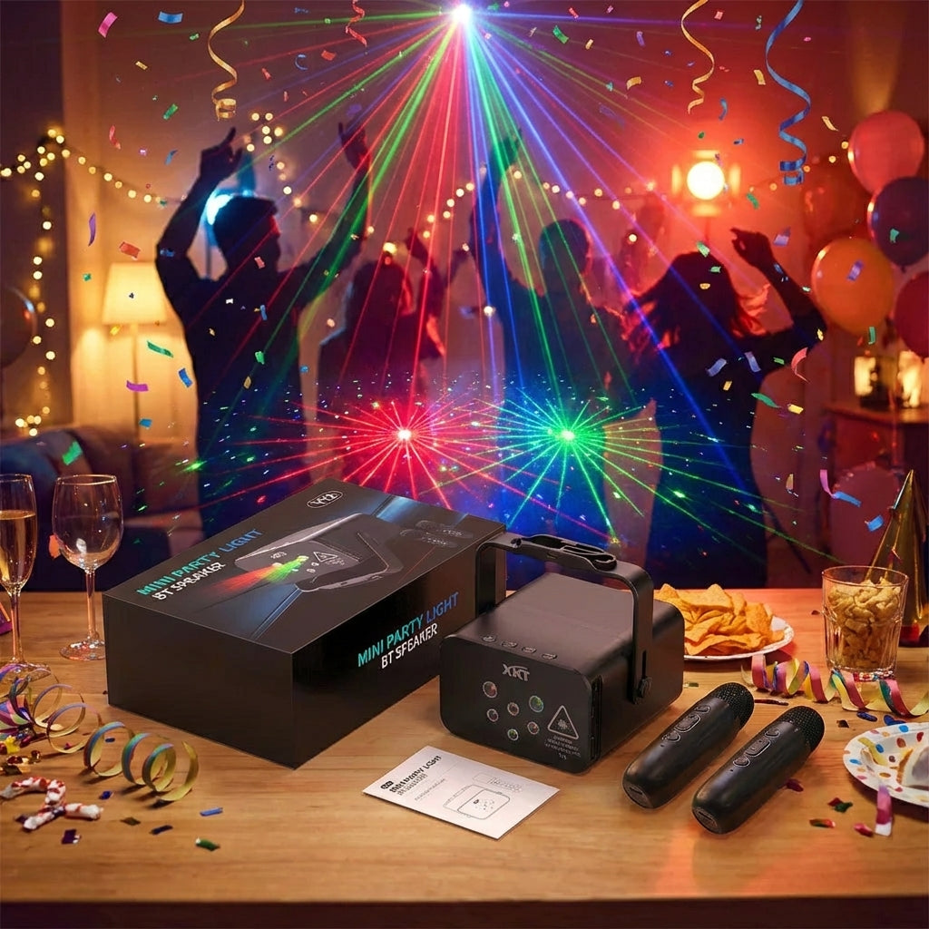 Haut-Parleur Portable XKT V12 Mini Party Light & Karaoké - Son Puissant & Lumières Laser RGB/UV avec Micros Inclus