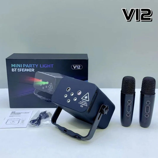 Haut-Parleur Portable XKT V12 Mini Party Light & Karaoké - Son Puissant & Lumières Laser RGB/UV avec Micros Inclus