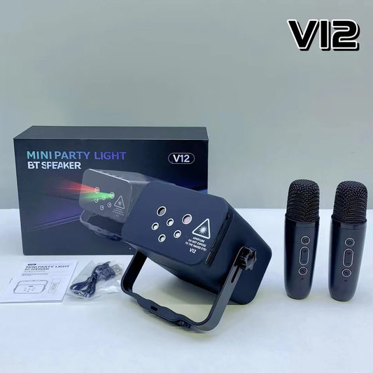 Haut-Parleur Portable XKT V12 Mini Party Light & Karaoké - Son Puissant & Lumières Laser RGB/UV avec Micros Inclus